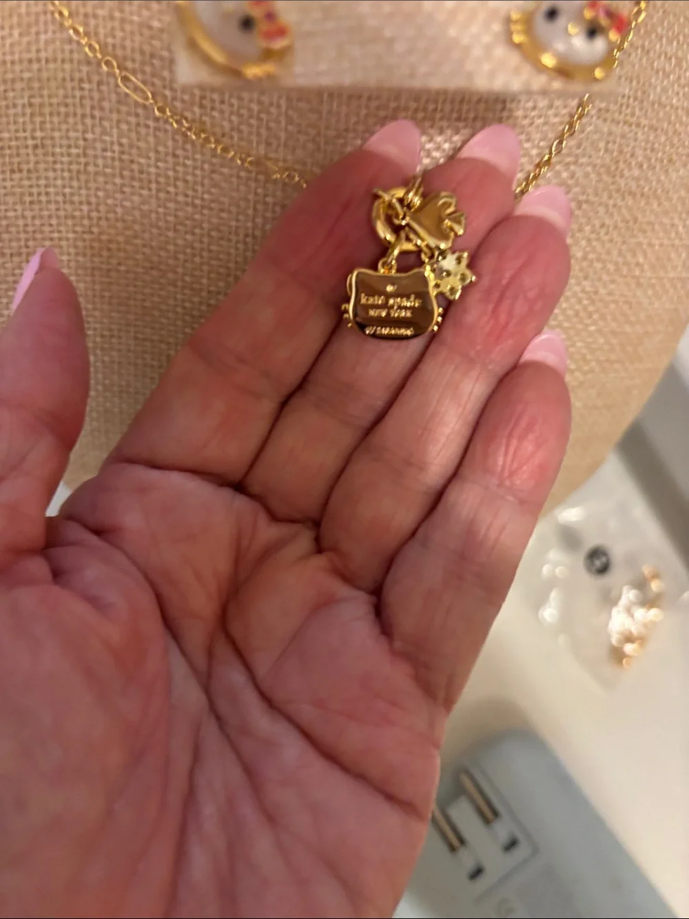kate spade Gold-Tone White & Pink Pendant Necklace with Matching Studs